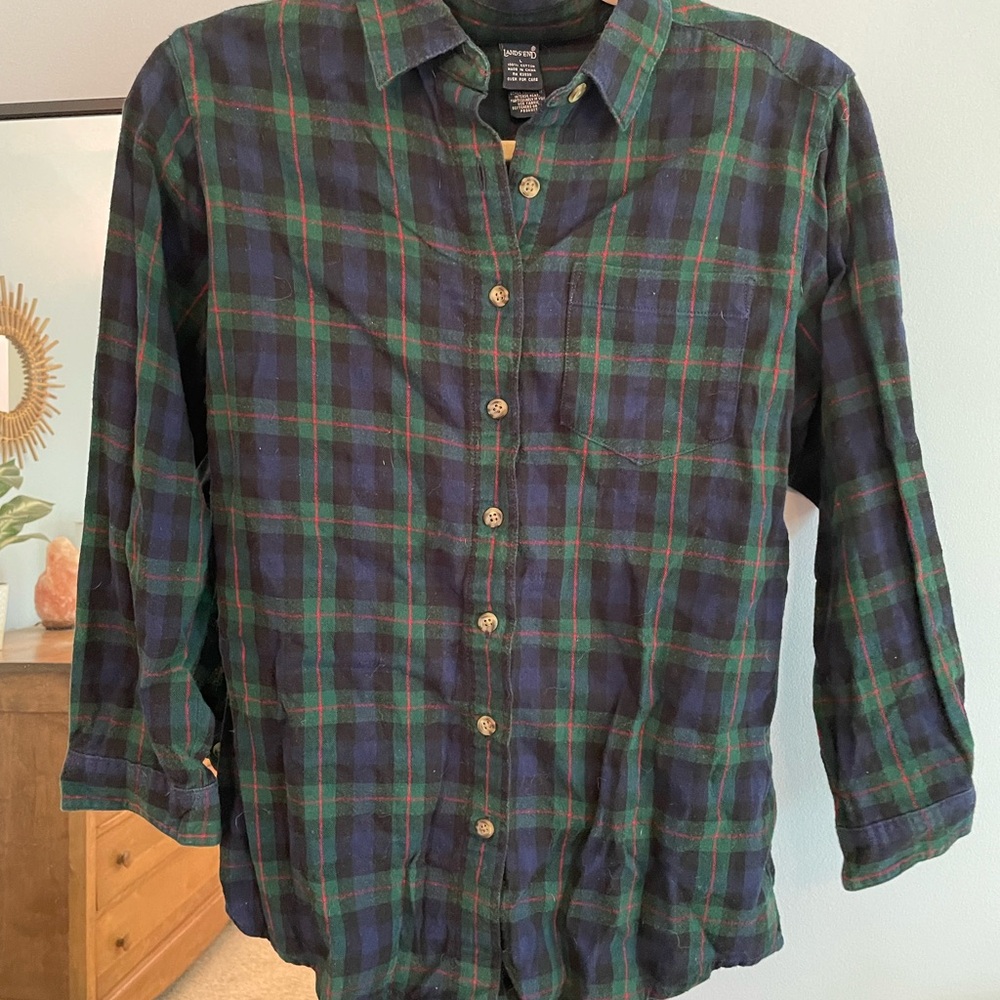 Lands' End Green and Blue Button Down Shirt Classic Plaid